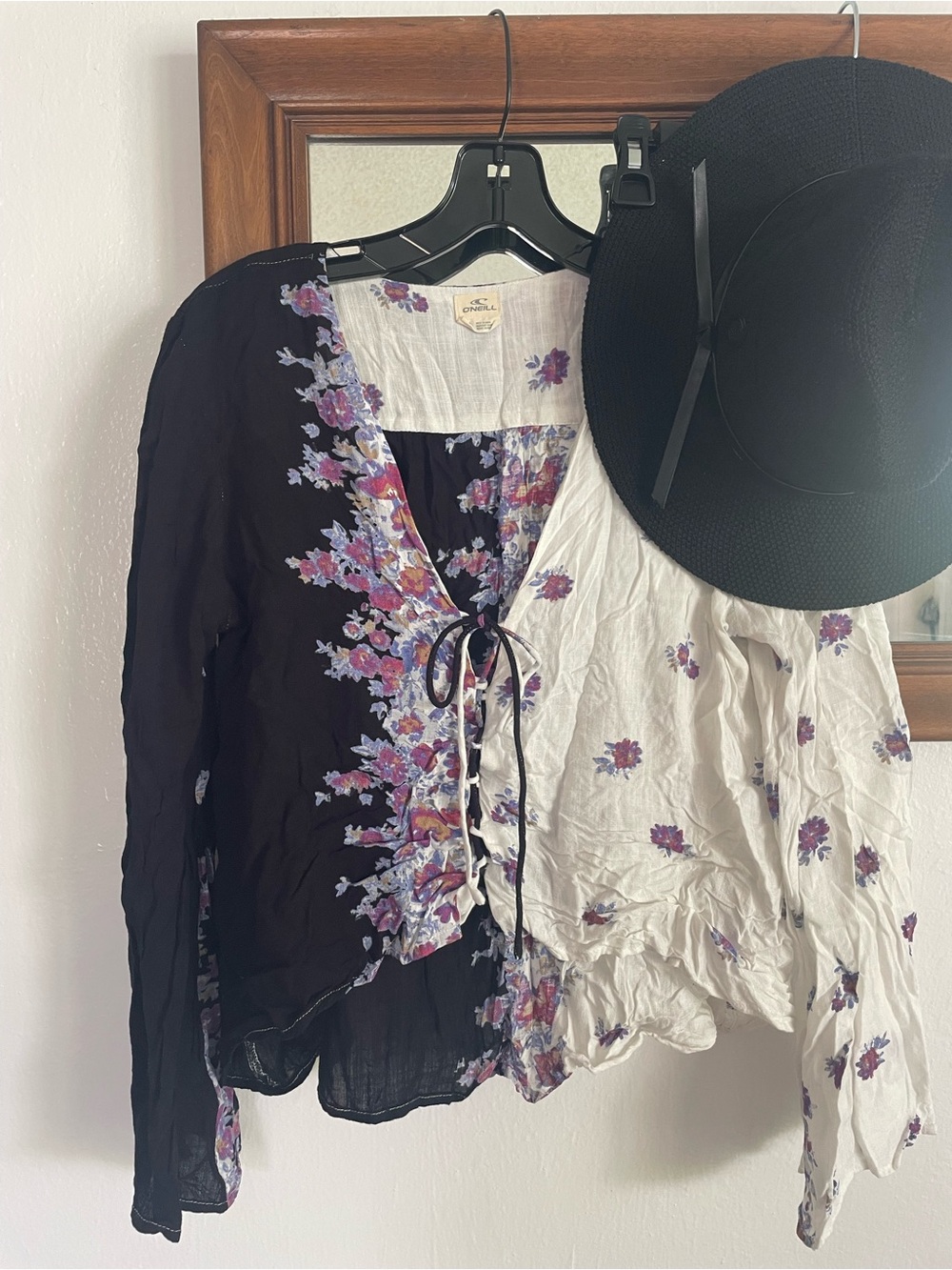 O'Neill Two-Tone Floral Tie-Front Blouse in Black & White